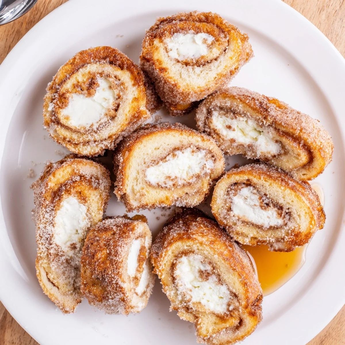Skillet-browned Cinnamon Roll French Toast Roll Ups served with maple syrup drizzle