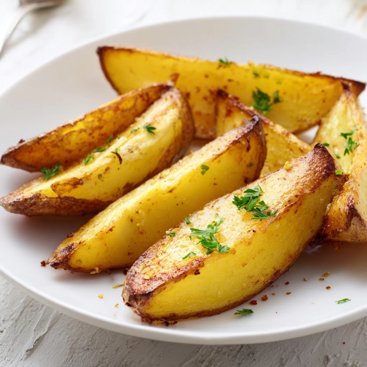Golden, crispy Potato Wedges fresh from oven, sprinkled with chopped parsley