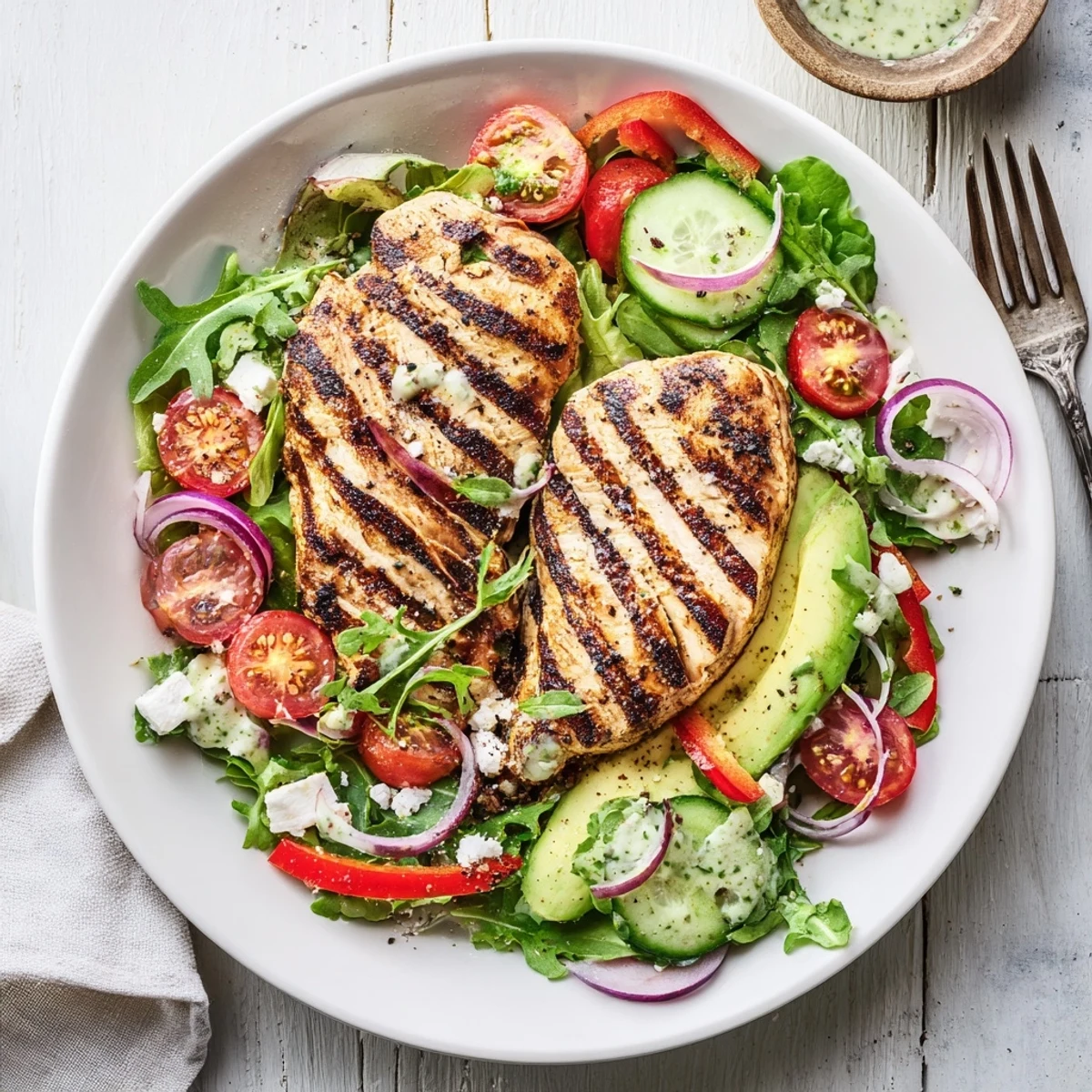 Bright Grilled Chicken Salad Avocado Herb Dressing Recipe served with chilled Sauvignon Blanc for summer