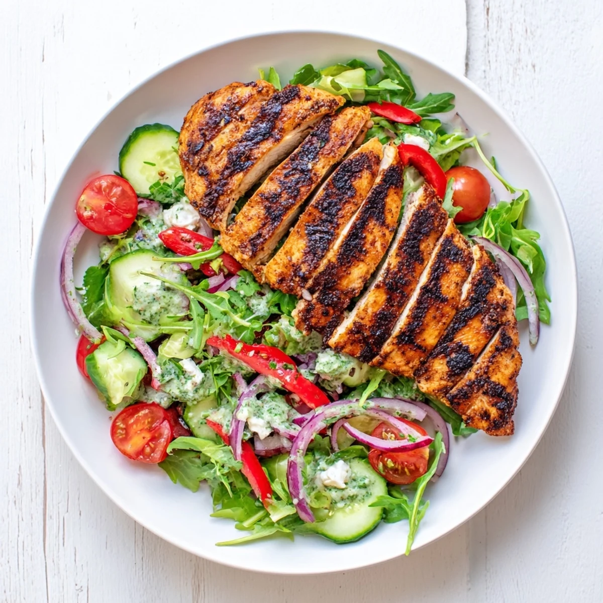 Warm sliced chicken atop crisp greens in Grilled Chicken Salad Avocado Herb Dressing Recipe