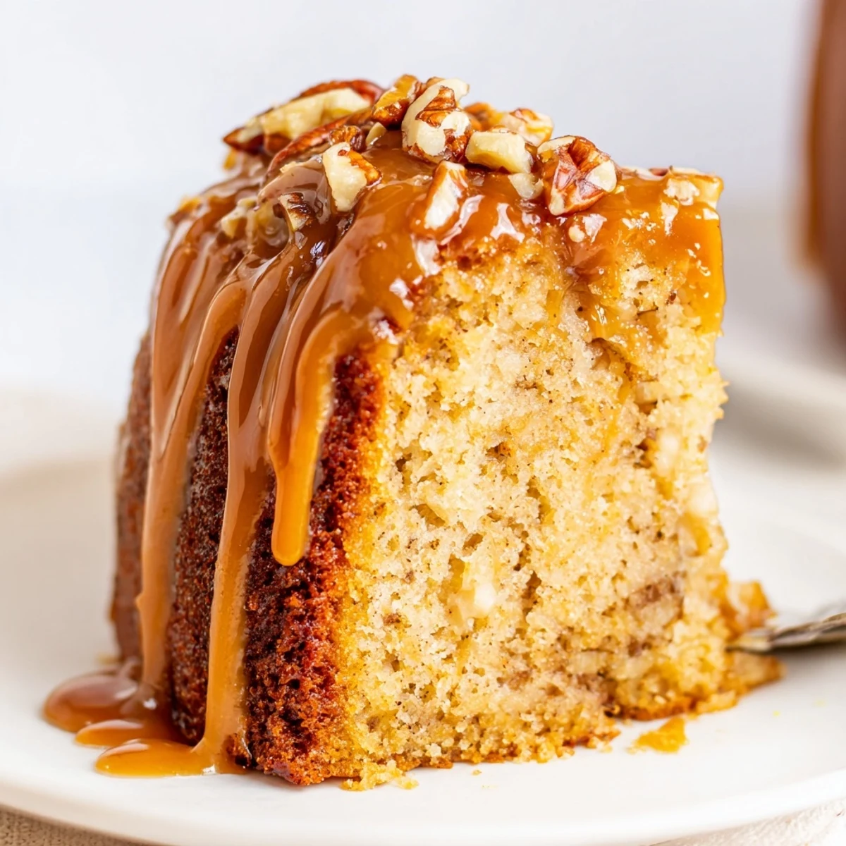 Salted Caramel Brown Butter Banana Cake, moist slice drizzled with glossy caramel