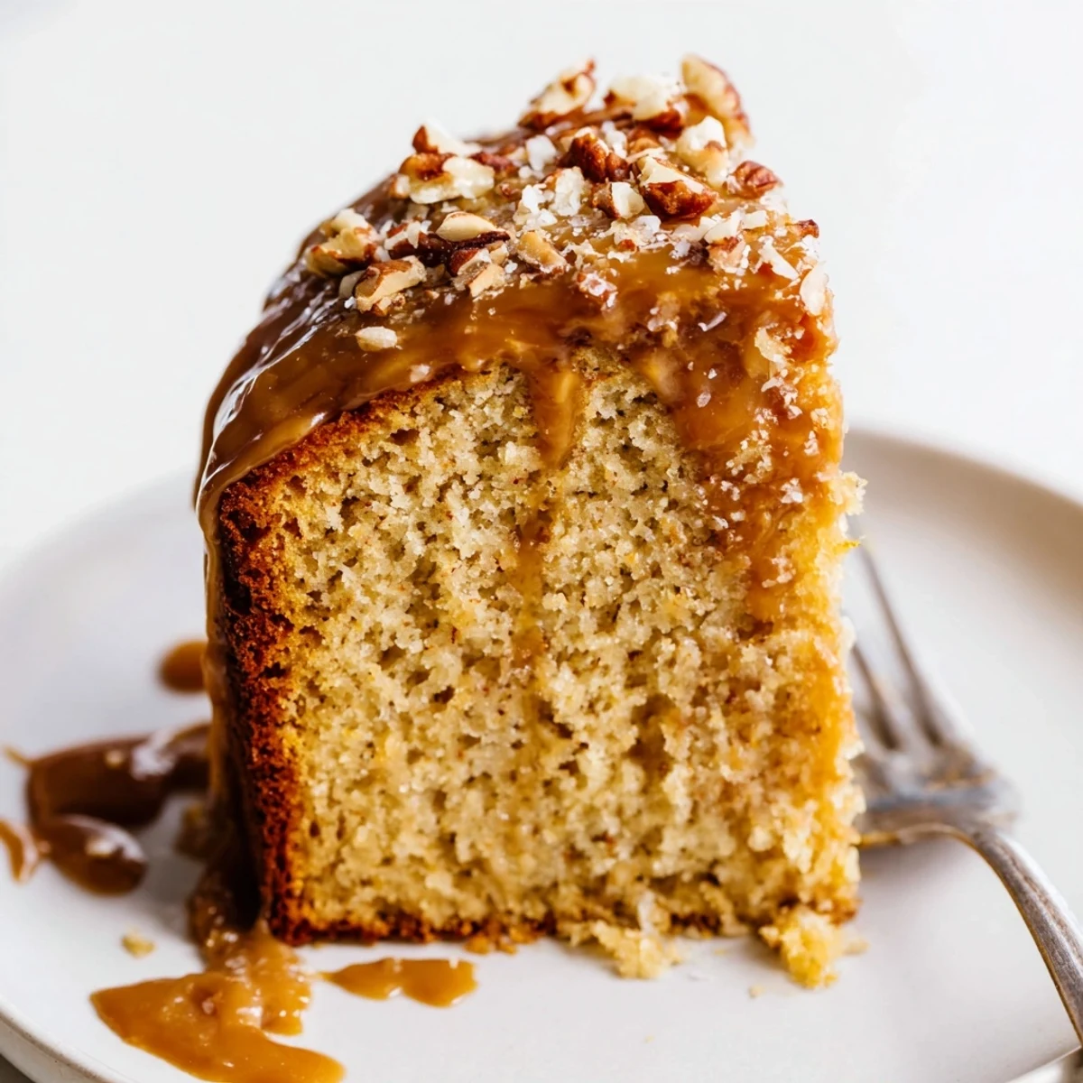 A slice of Salted Caramel Brown Butter Banana Cake topped with sea salt