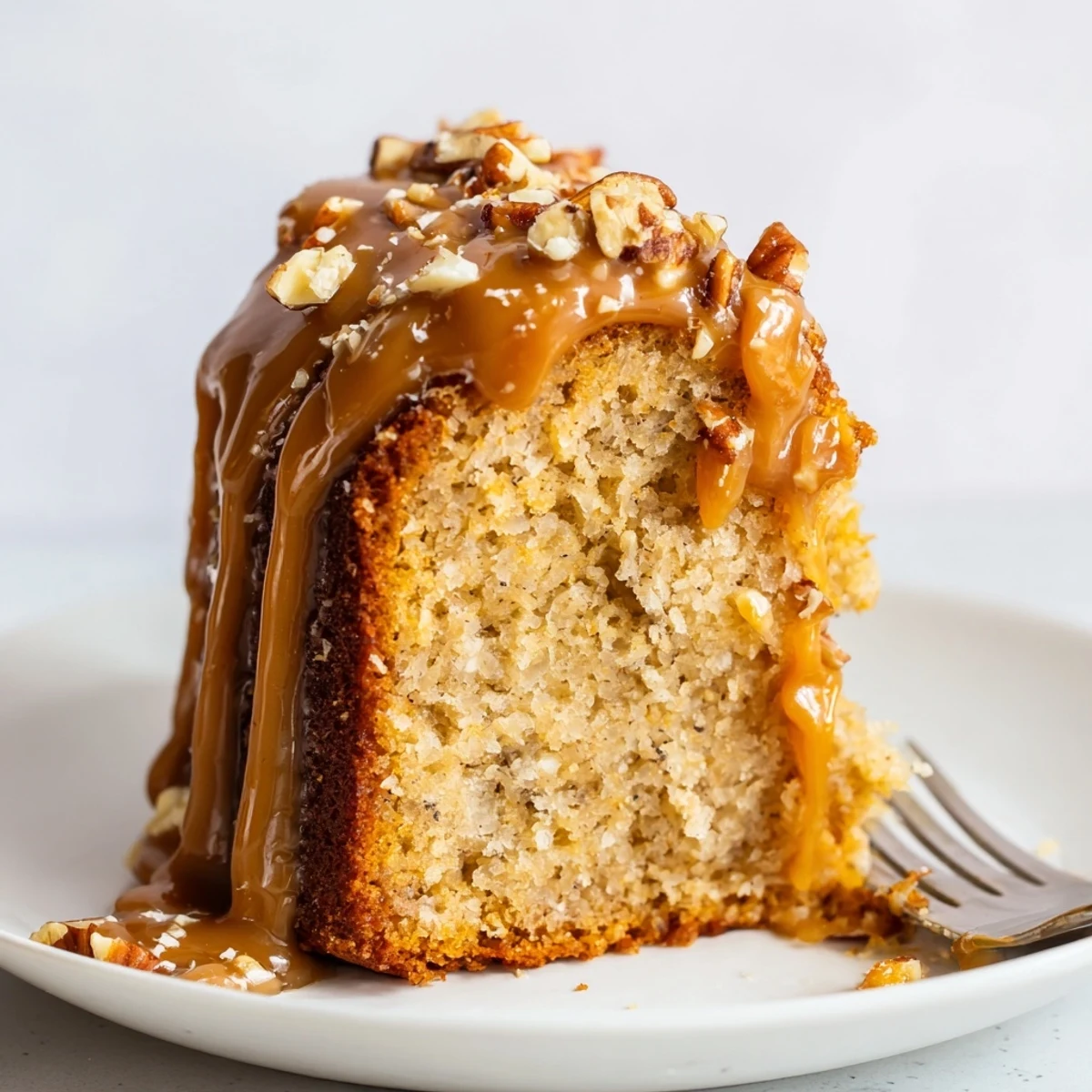 Whole Salted Caramel Brown Butter Banana Cake cooling on rack, caramel slowly dripping