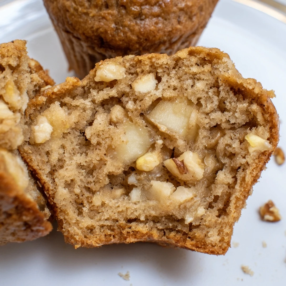 Slice reveals moist crumb in Healthy Apple Cinnamon Greek Yogurt Muffins