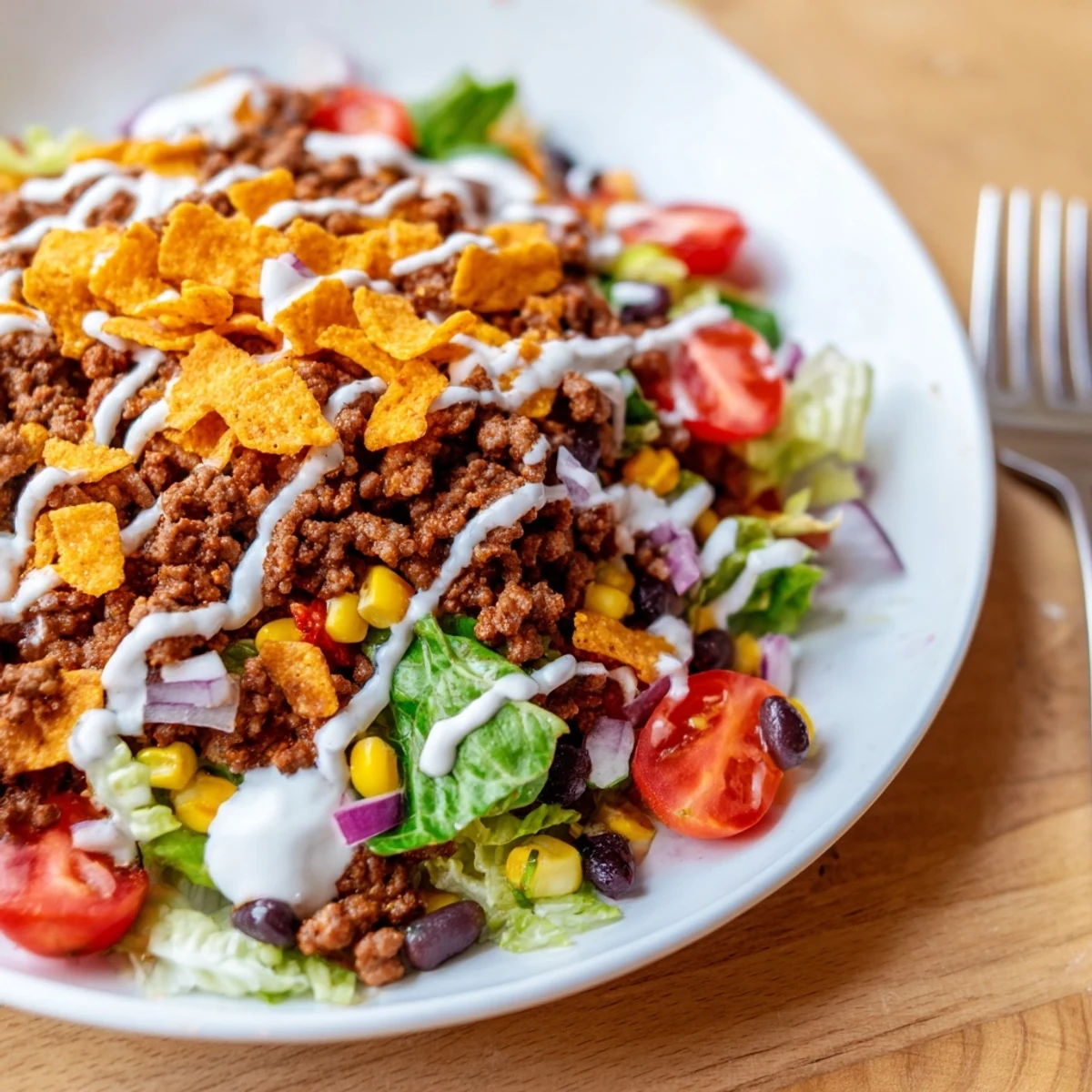 Simple Doritos Taco Salad with crunchy chips, warm seasoned beef, fresh veggies