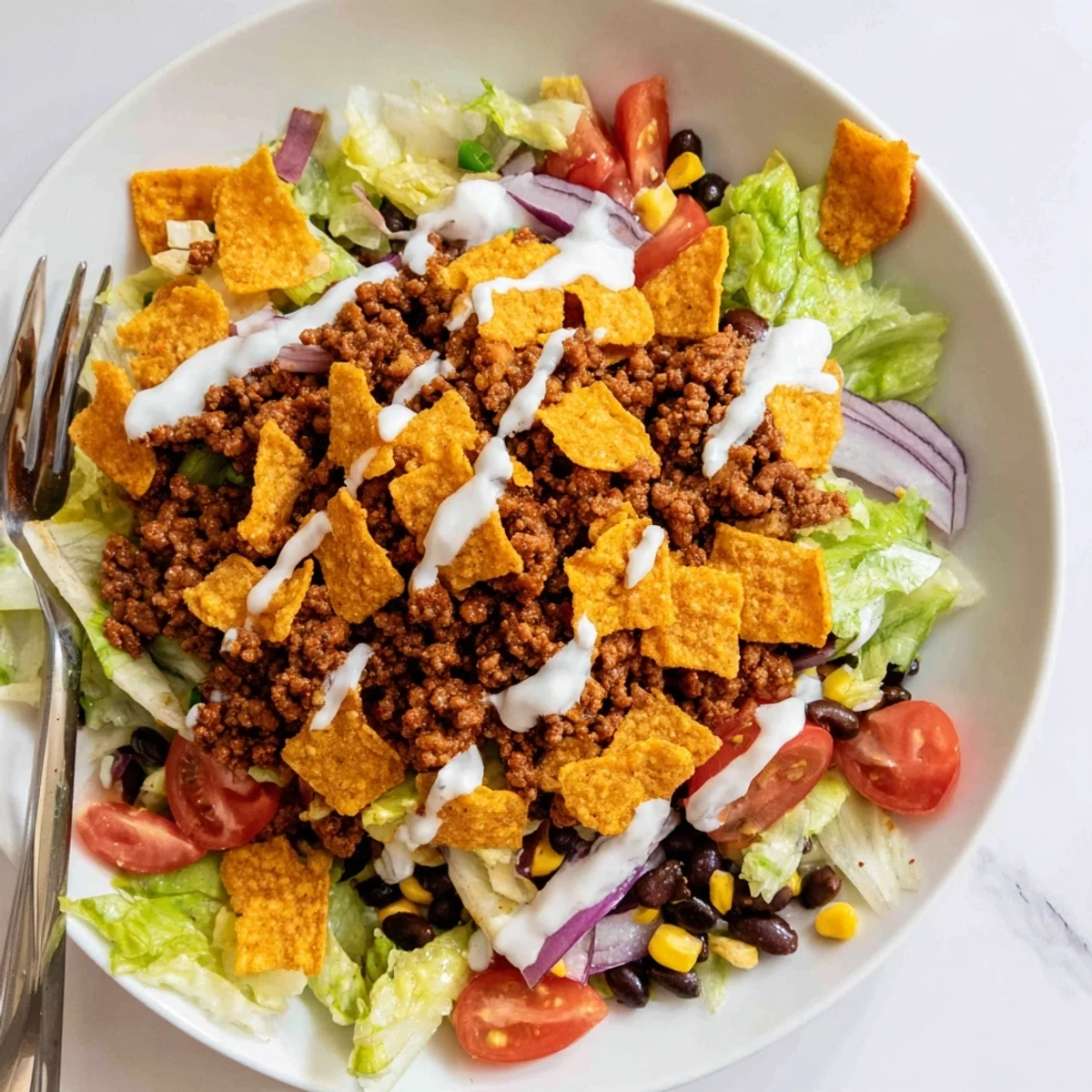 A bowl of Simple Doritos Taco Salad topped with shredded cheddar and ranch