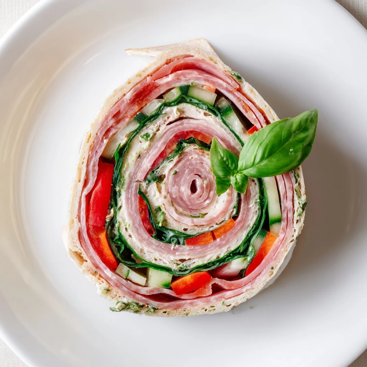 Italian Pinwheel Sandwiches arranged on platter, creamy pesto, crisp bell pepper bites