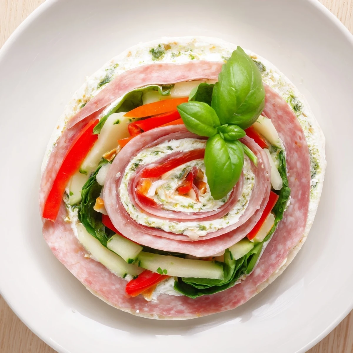Party-ready Italian Pinwheel Sandwiches sliced tight, herbaceous pesto cream, colorful filling