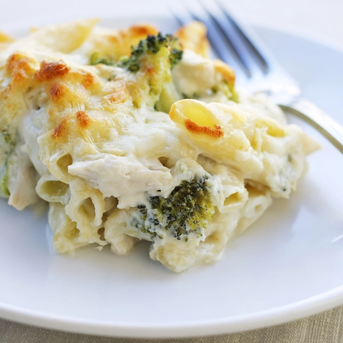 Creamy Chicken Broccoli Alfredo Bake bubbling golden with melted cheese, ready to serve