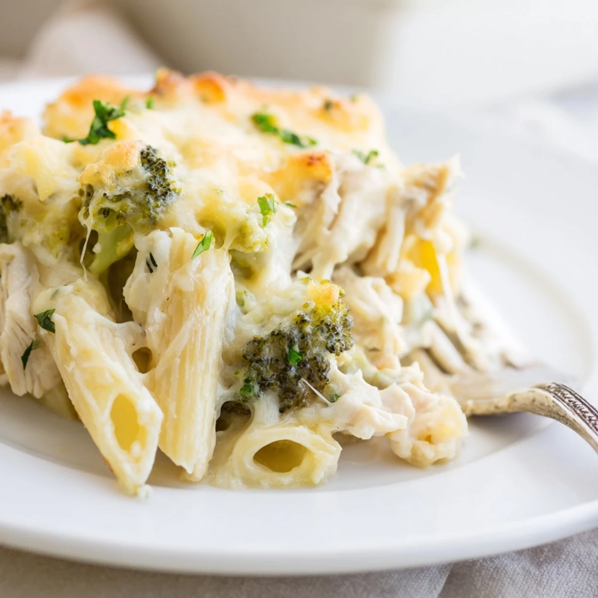 Hearty Chicken Broccoli Alfredo Bake in a casserole dish, garlicky and comforting