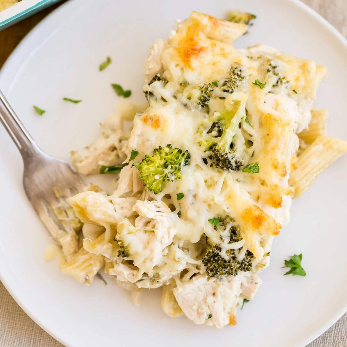 Weeknight Chicken Broccoli Alfredo Bake with tender chicken, bright broccoli, crisp topping