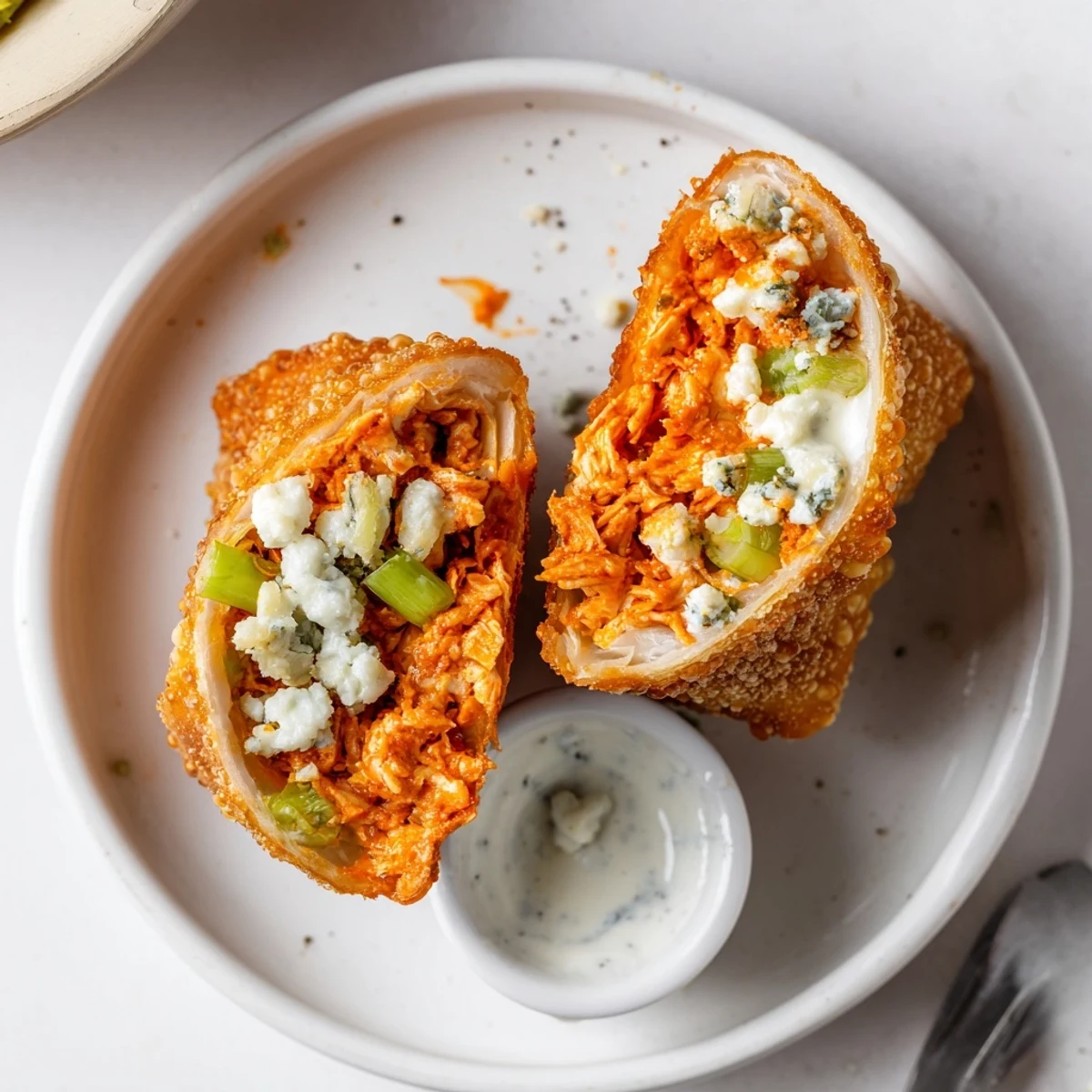Close-up of spicy Buffalo Chicken Egg Rolls Recipe with blue cheese dip, celery bits