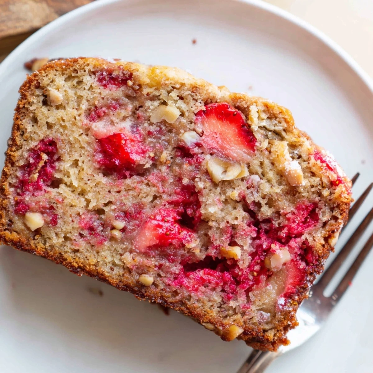 Warm, moist Strawberry Banana Bread Recipe sliced on a wooden board