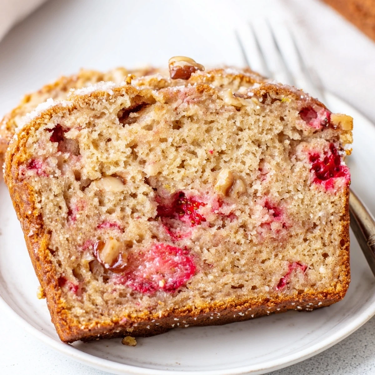 Golden crust, berry flecks visible—Strawberry Banana Bread Recipe served with butter