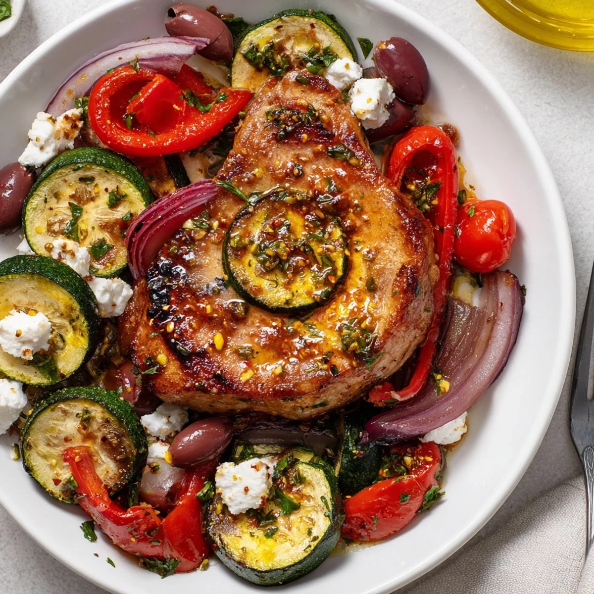 Sheet Pan Mediterranean Chicken Zucchini glistening with roasted tomatoes, olives, and crumbled feta.
