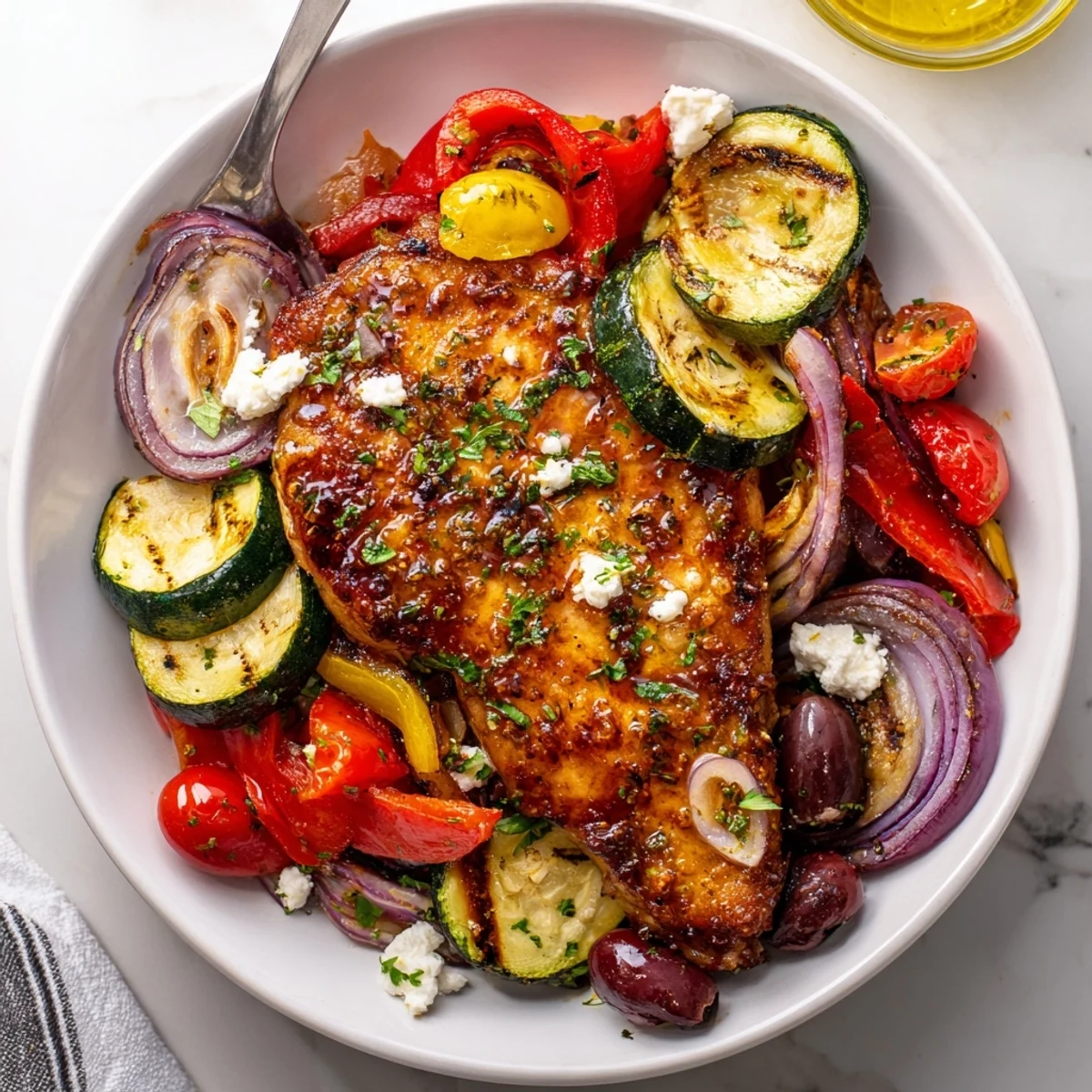 Tender Sheet Pan Mediterranean Chicken Zucchini served with crisp bell peppers and parsley.