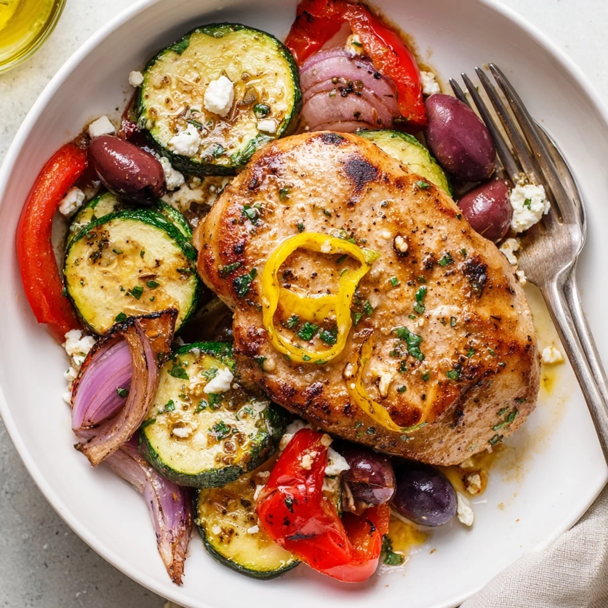 Serve Sheet Pan Mediterranean Chicken Zucchini hot from oven with lemony pan juices.