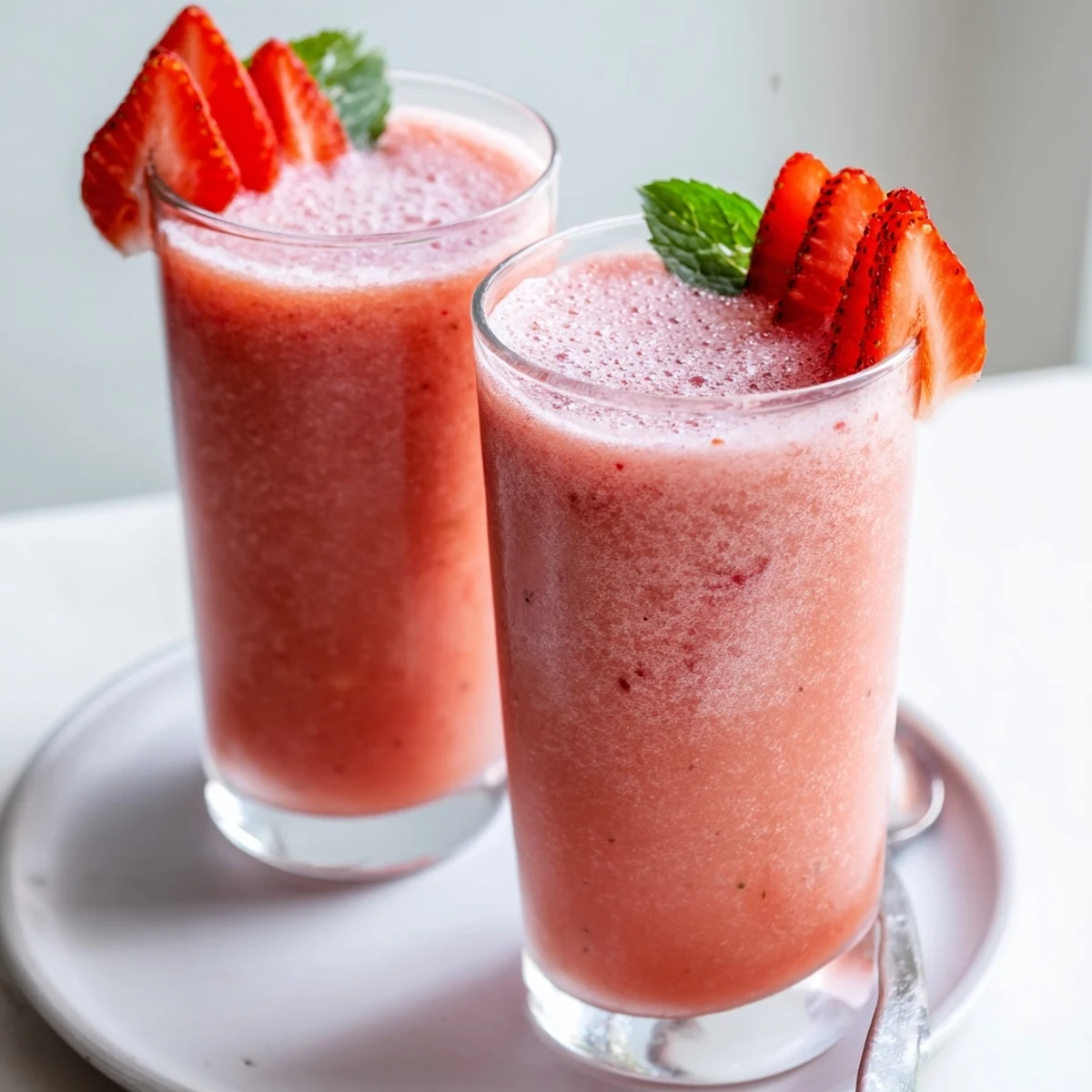 Chilled Strawberry Coconut Cooler Recipe in tall glass with mint garnish