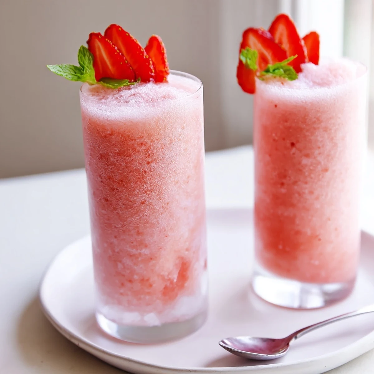 Frothy Strawberry Coconut Cooler Recipe blended with crushed ice, bright lime