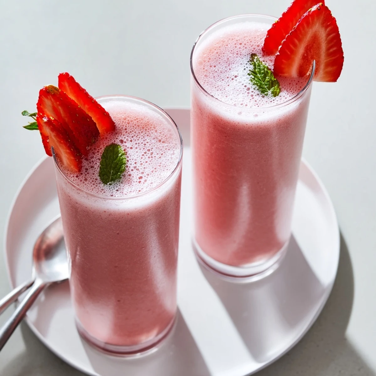 Creamy pink Strawberry Coconut Cooler Recipe served chilled with strawberry slices