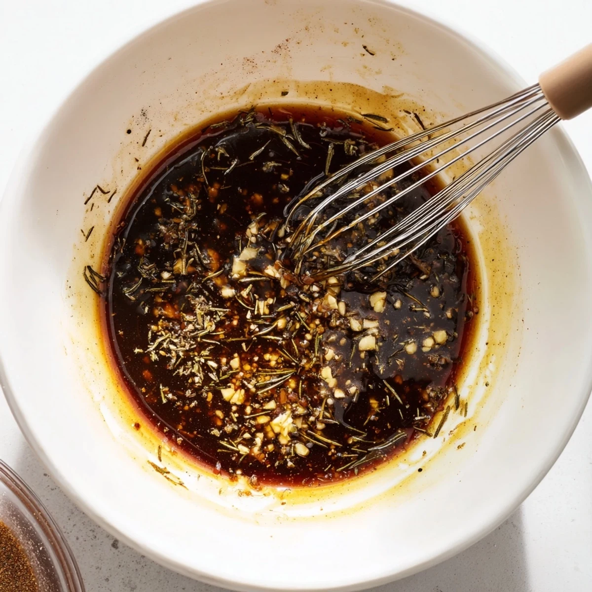 Steak Marinade glistening on sirloin, garlicky aroma, ready for grilling.