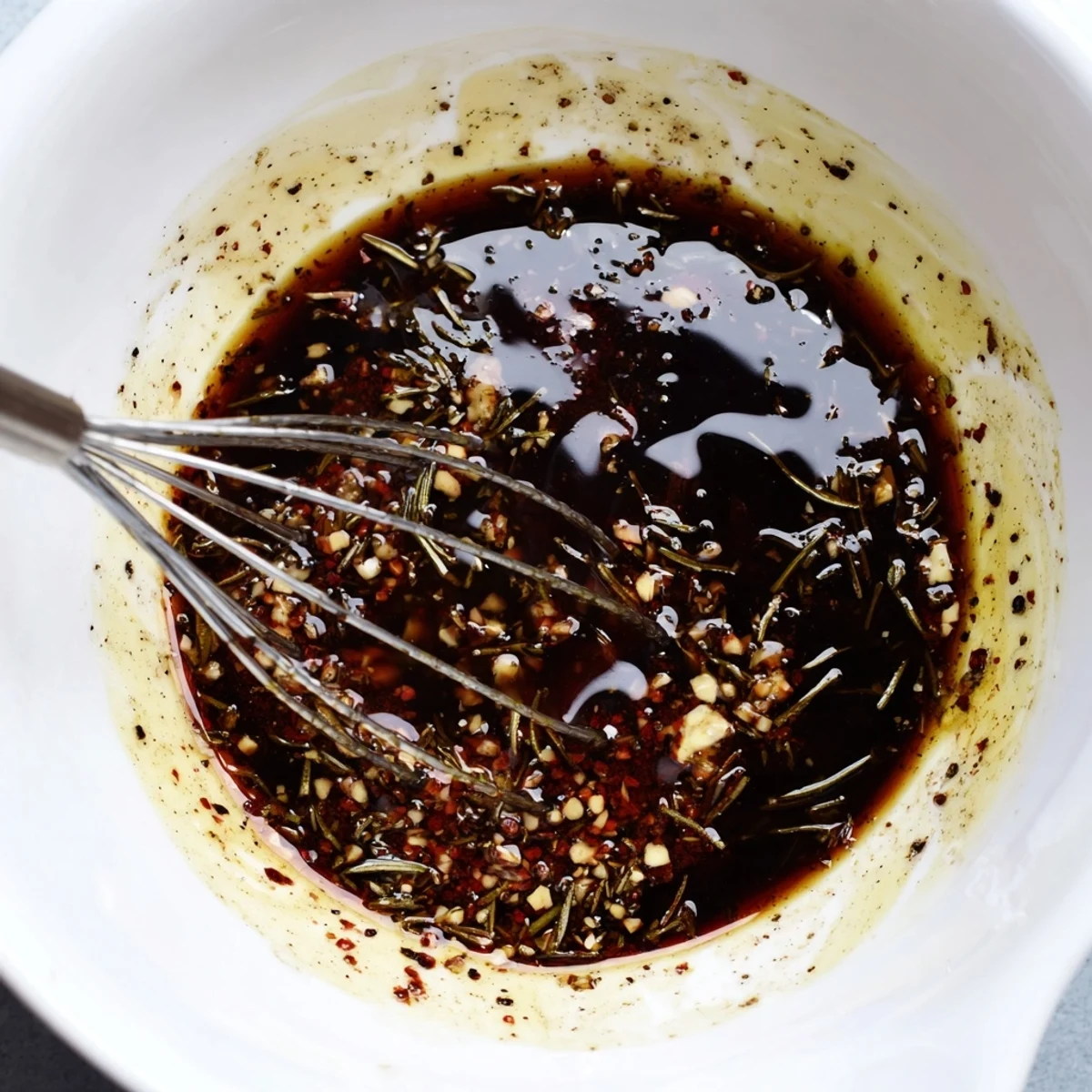 Bowl of Steak Marinade with minced garlic and rosemary, ready to pour.