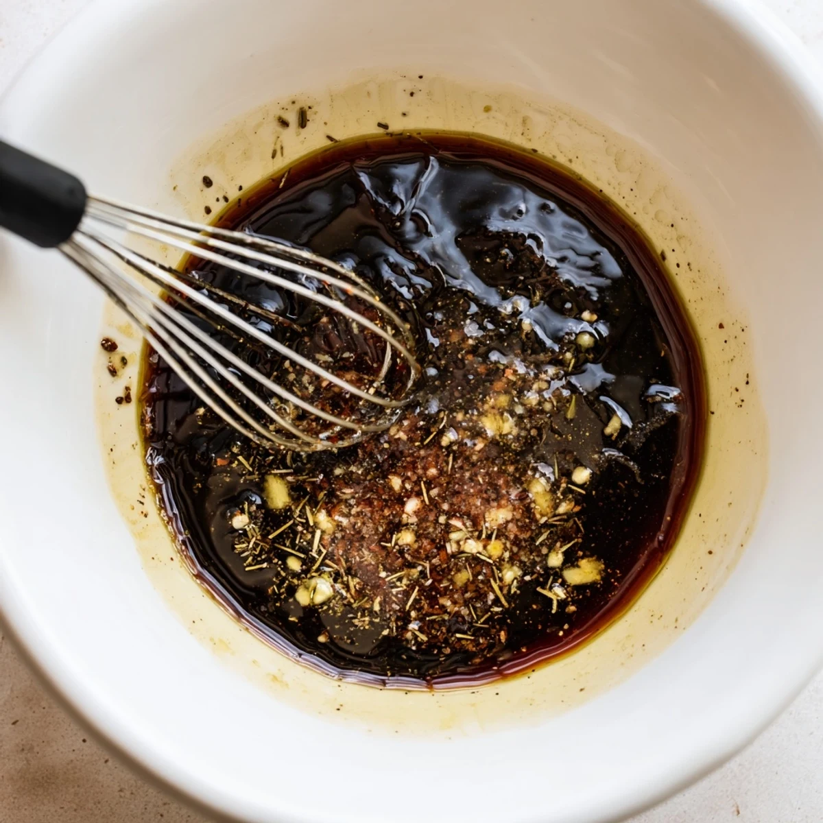 Homemade Steak Marinade soaking flank steak, tangy balsamic and lemon notes.