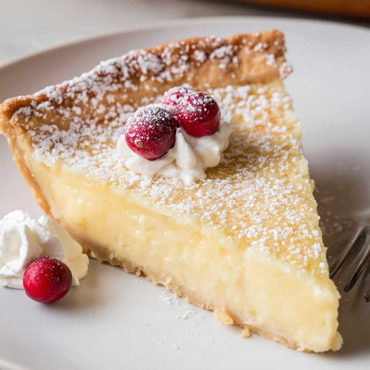 Sliced Christmas Eve Custard Pie With Cinnamon Vanilla dusted with powdered sugar