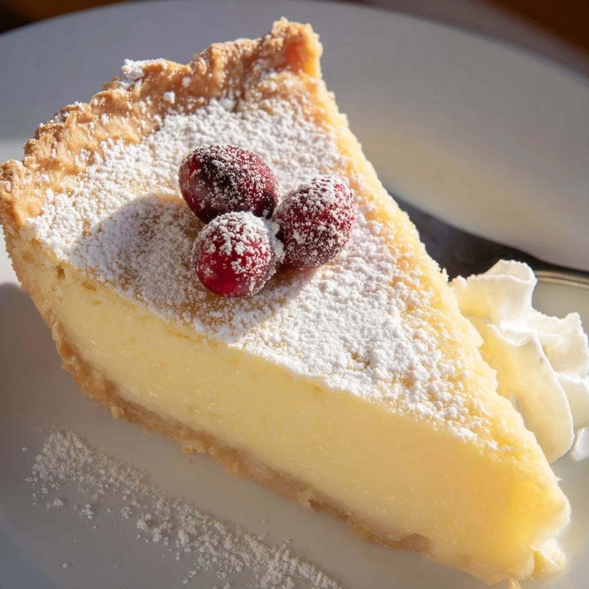 Aromatic Christmas Eve Custard Pie With Cinnamon Vanilla served with whipped cream