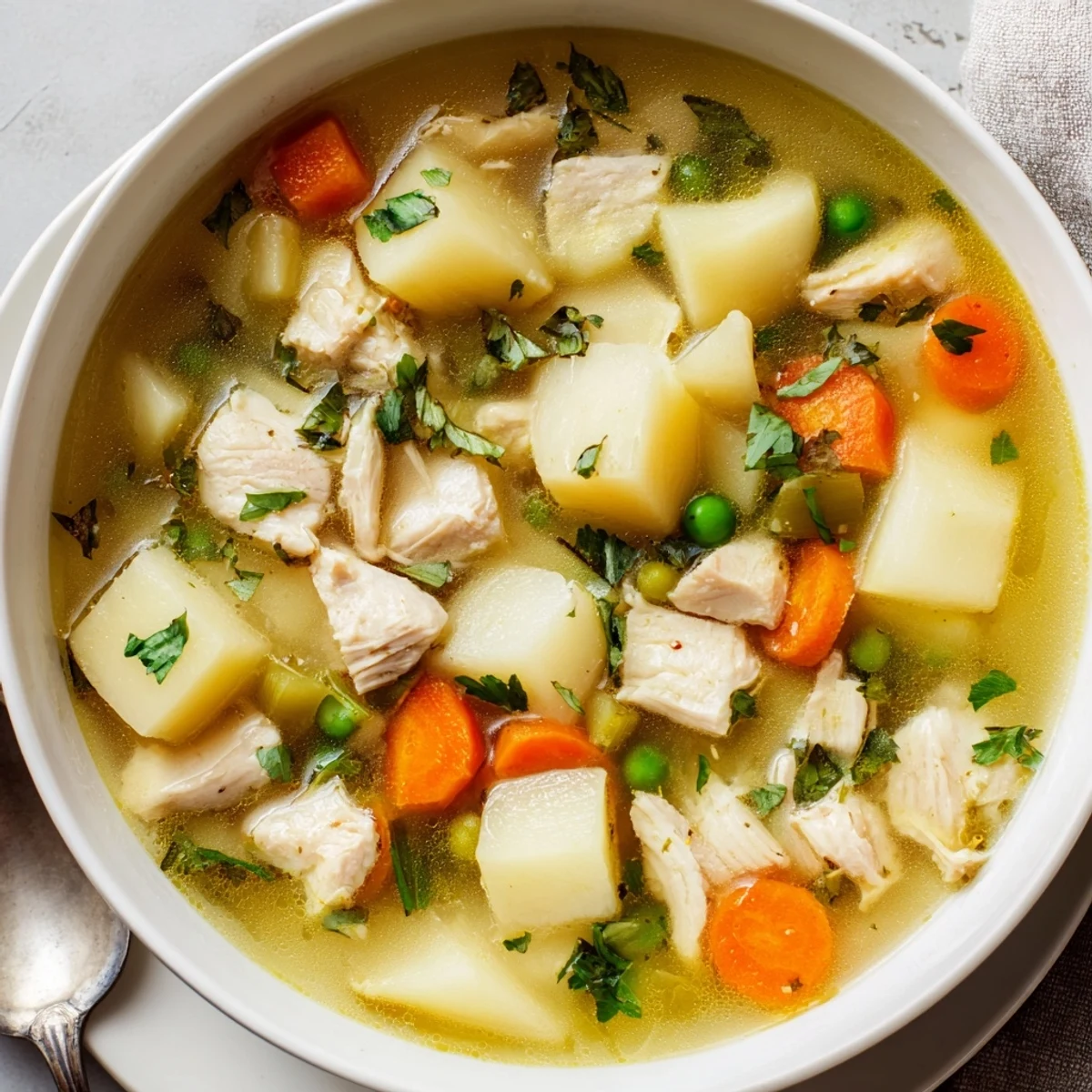 Comforting Chicken Soup With Potatoes steaming in bowl, shredded chicken and herbs