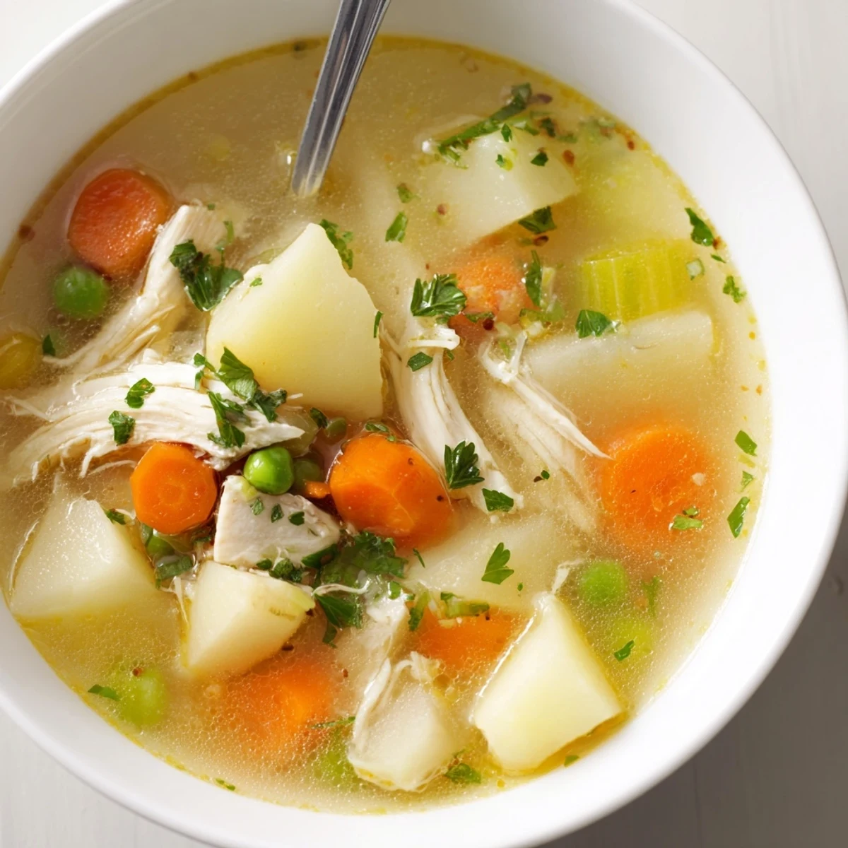 Warm ladle of Comforting Chicken Soup With Potatoes, aromatic broth and parsley
