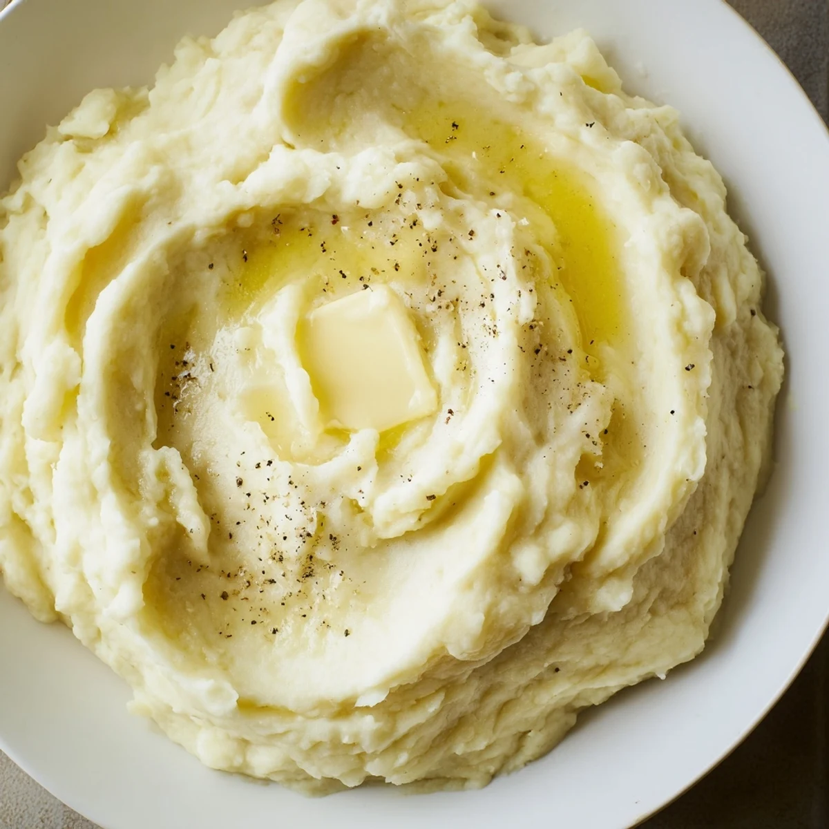 Mashed Potatoes steaming fluffy and buttery, topped with a melting butter pat.