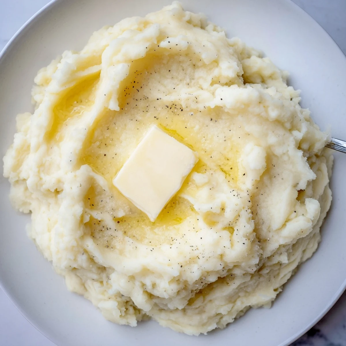 Creamy Mashed Potatoes pictured in rustic bowl beside roast beef, spoon ready.