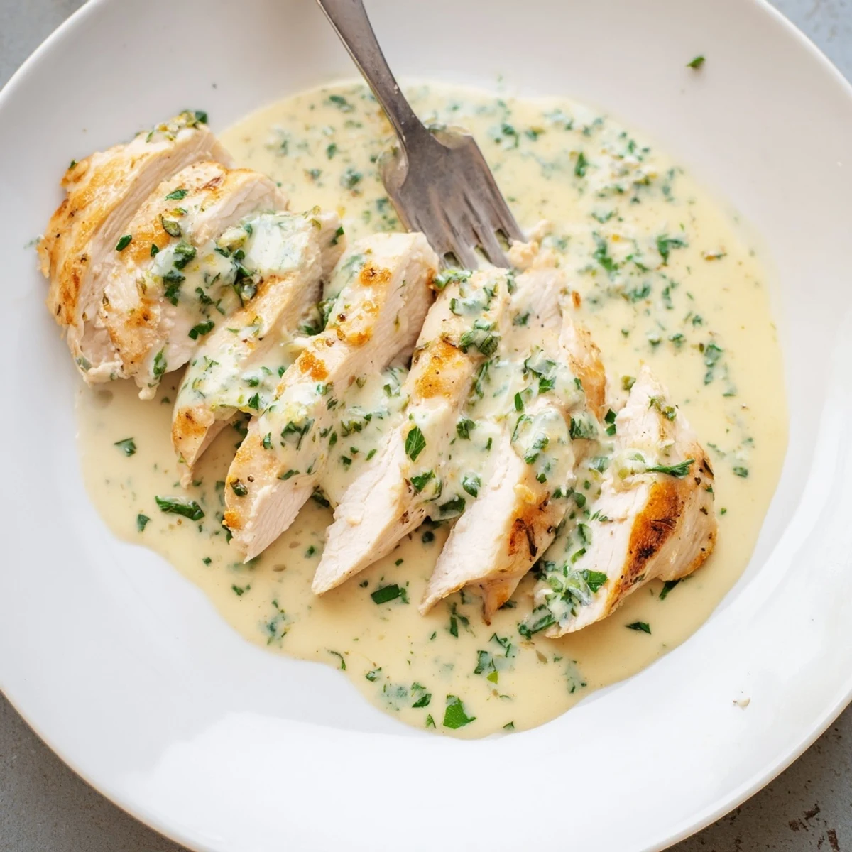 Creamy Herb Chicken plated with mashed potatoes, aromatic herb-scented cream sauce