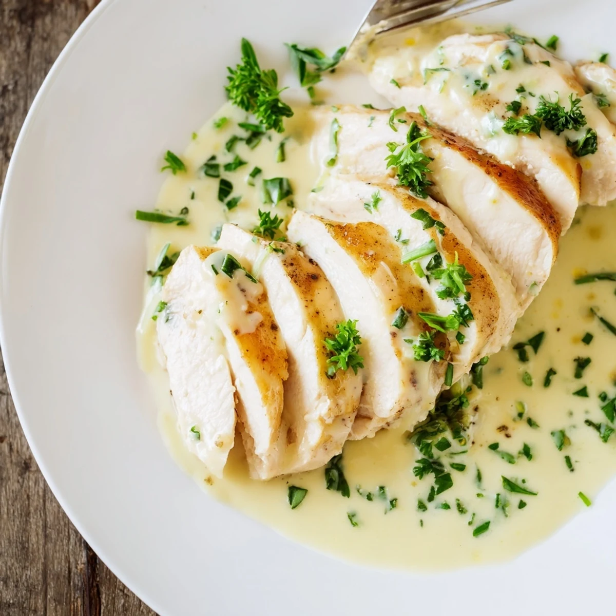 Golden-seared Creamy Herb Chicken spooned with garlic cream, served warm
