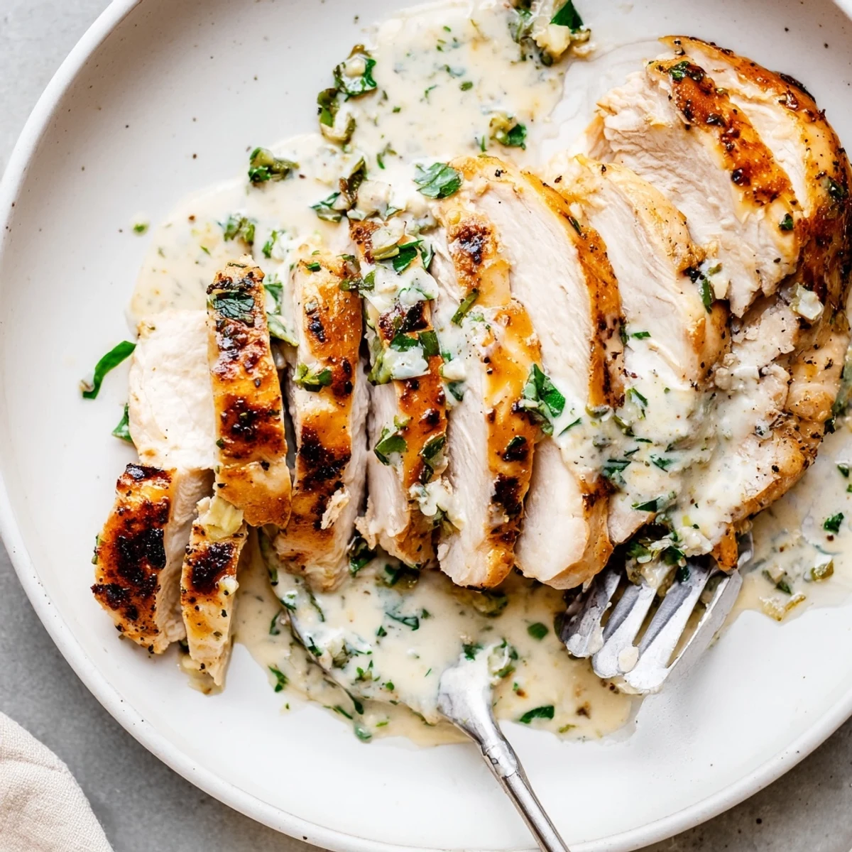 Skillet Creamy Herb Chicken glistening in silky sauce, garnished with parsley