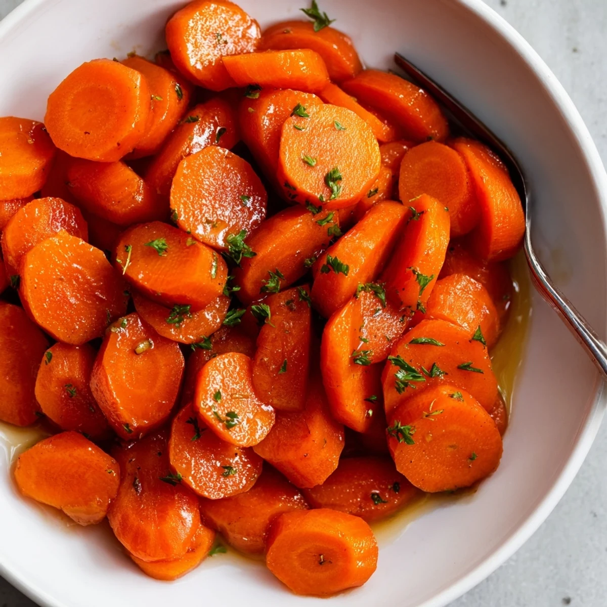 Glazed Carrots gleaming with buttery shine, tender slices ready beside roasted chicken