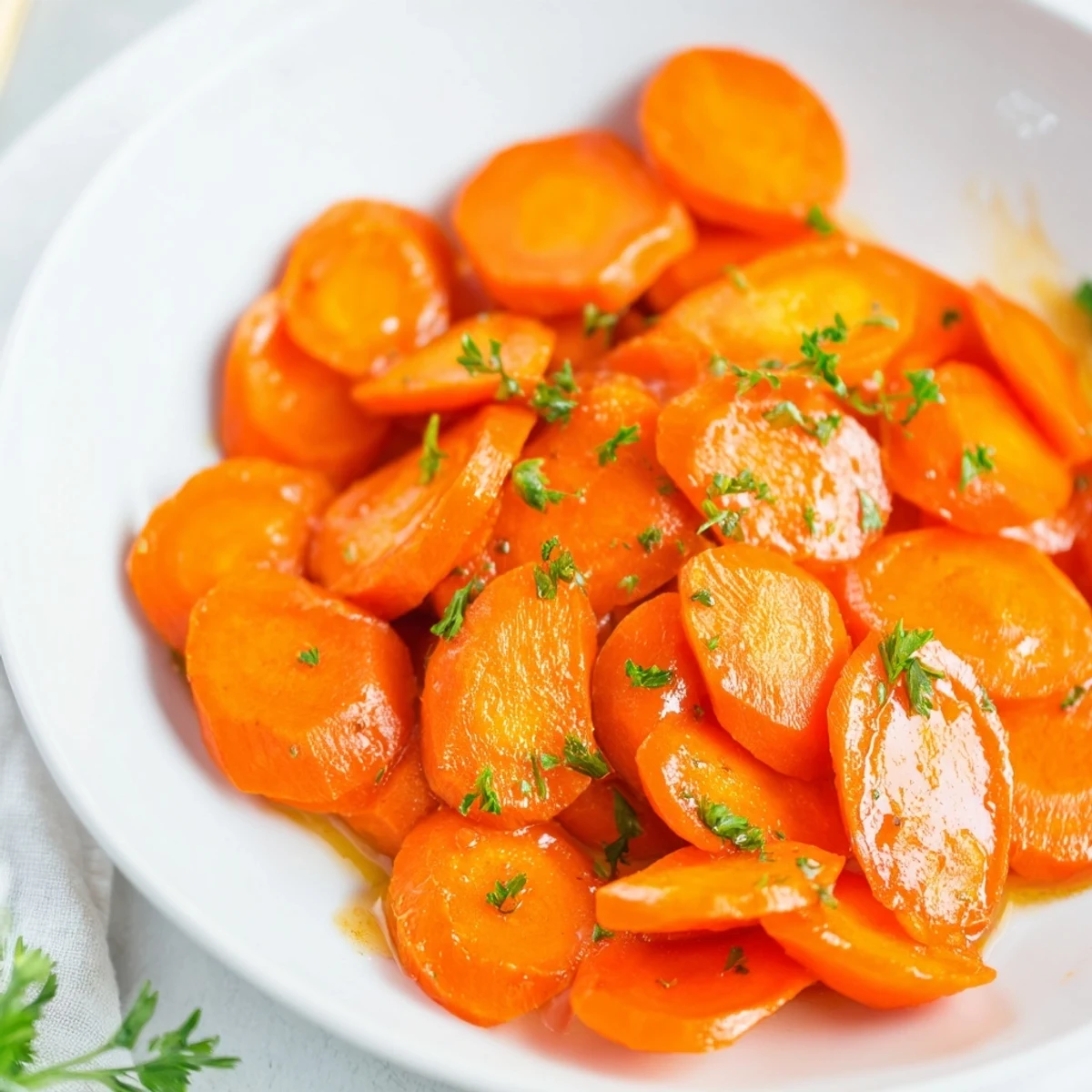 Pan-seared Glazed Carrots bubbling in brown sugar glaze, garnished with fresh parsley
