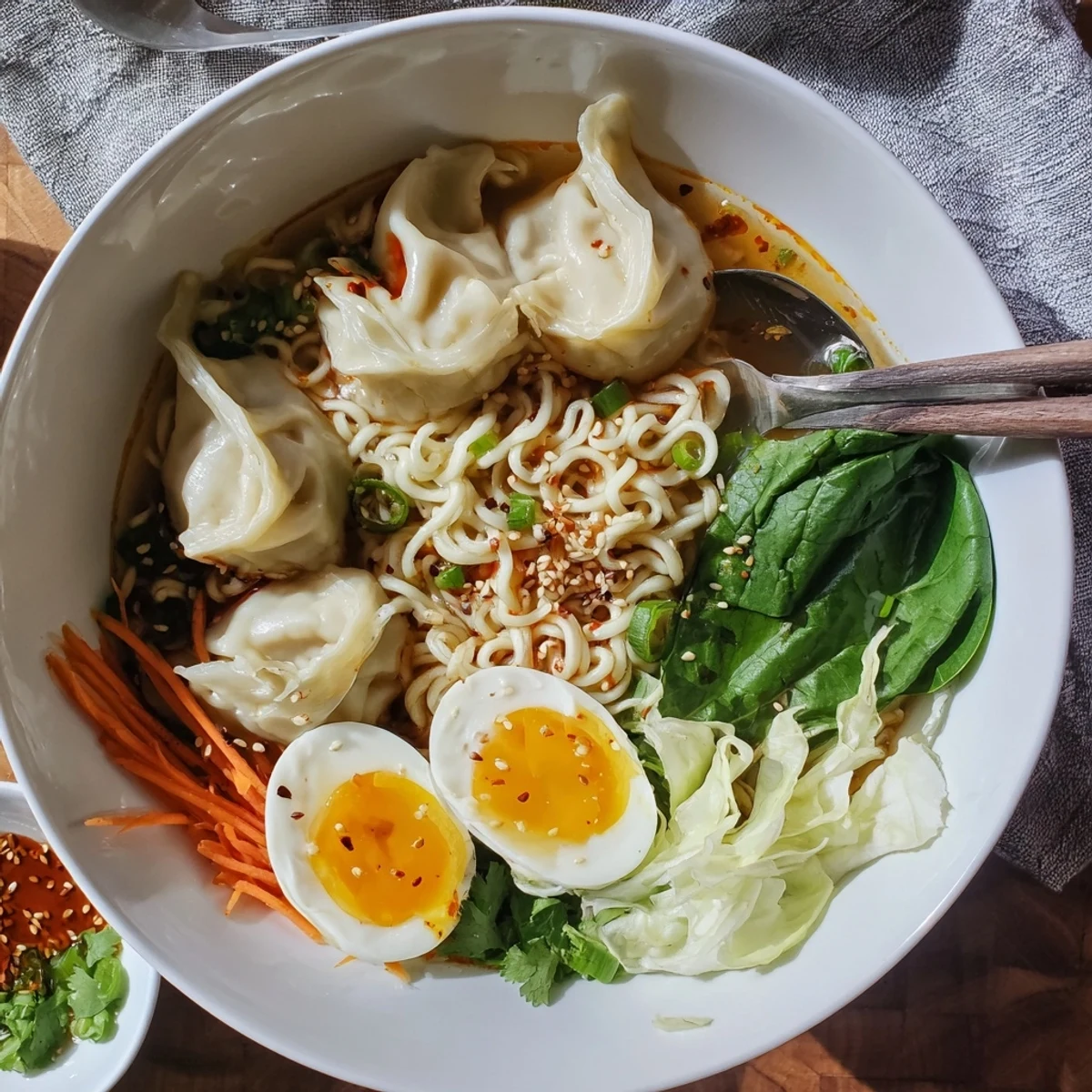 Dumpling Ramen Bowl With Soft Boiled Eggs And Fresh Greens in steaming savory broth