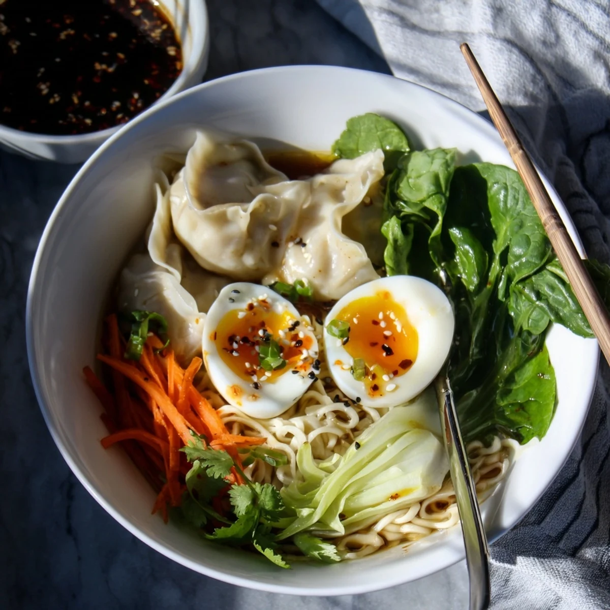 Dumpling Ramen Bowl With Soft Boiled Eggs And Fresh Greens served with chopsticks