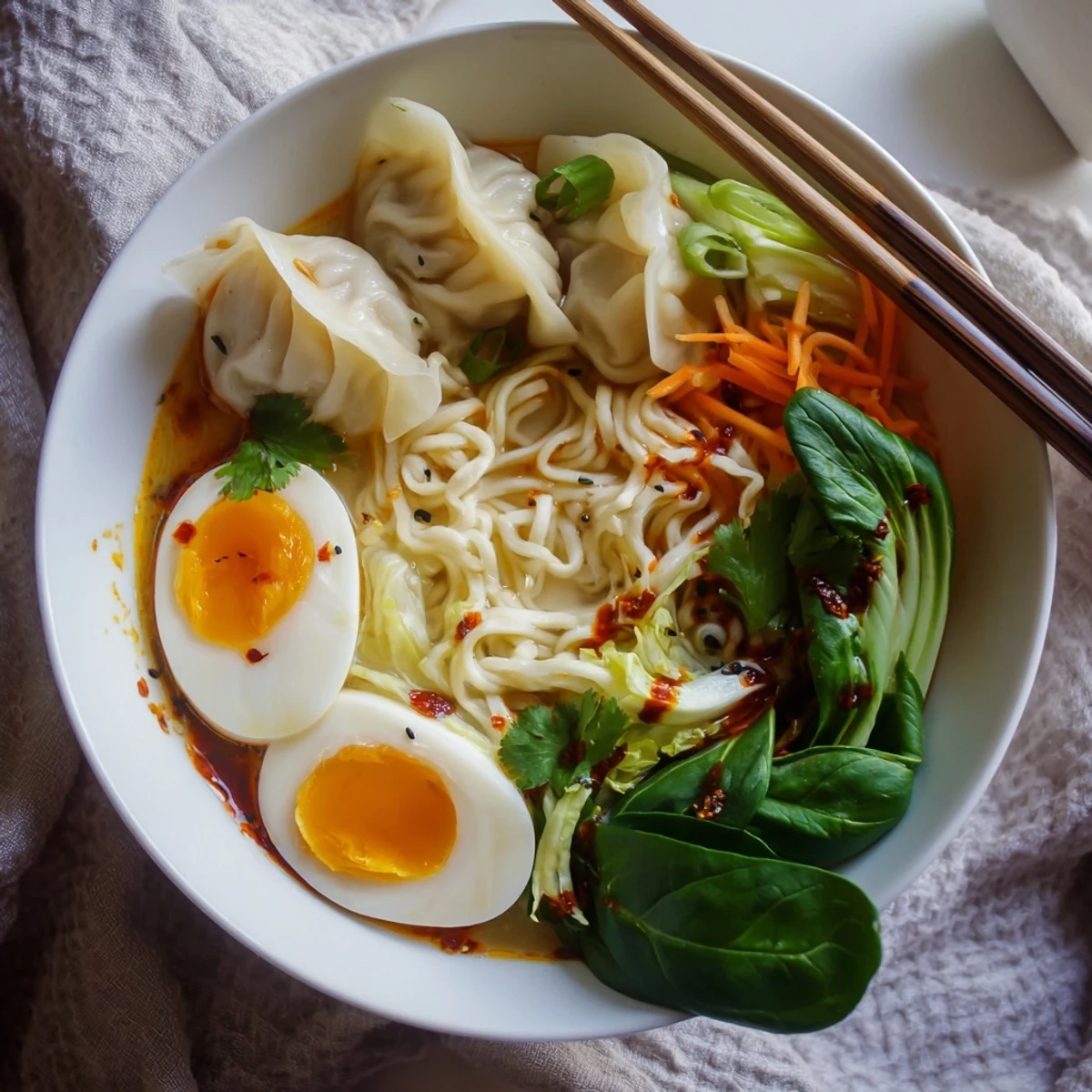 Dumpling Ramen Bowl With Soft Boiled Eggs And Fresh Greens showcasing creamy yolks
