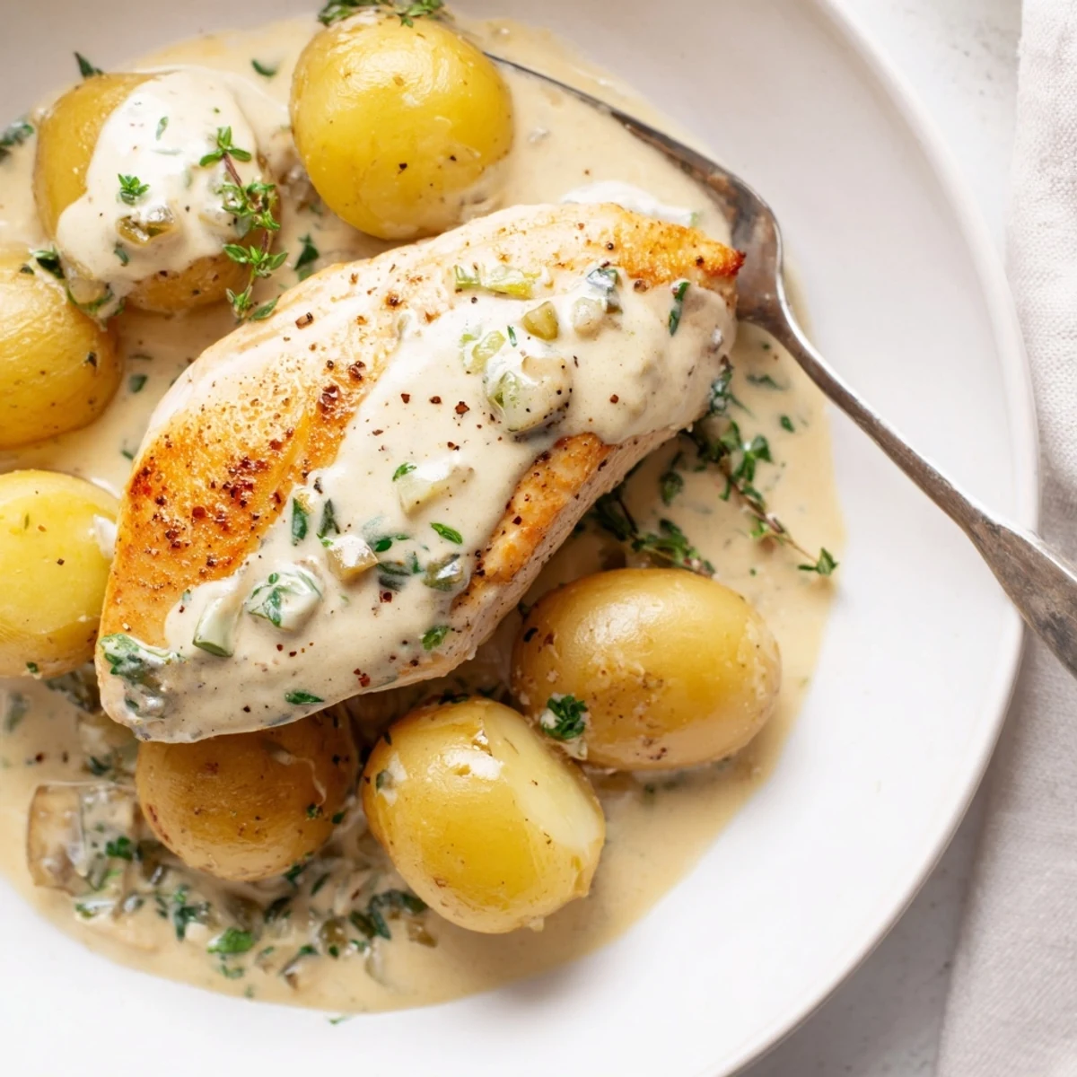 Creamy Herb Chicken Potatoes Recipe with golden seared chicken and fragrant herbs