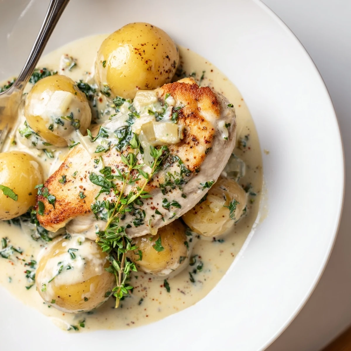 Creamy Herb Chicken Potatoes Recipe served hot with chopped parsley and crusty bread