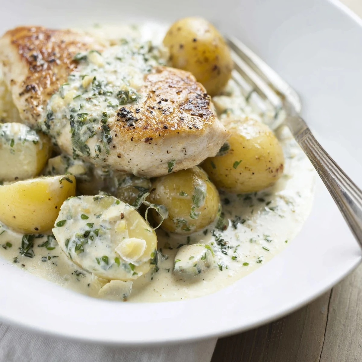 Pan of Creamy Herb Chicken Potatoes Recipe steaming in velvety herb sauce