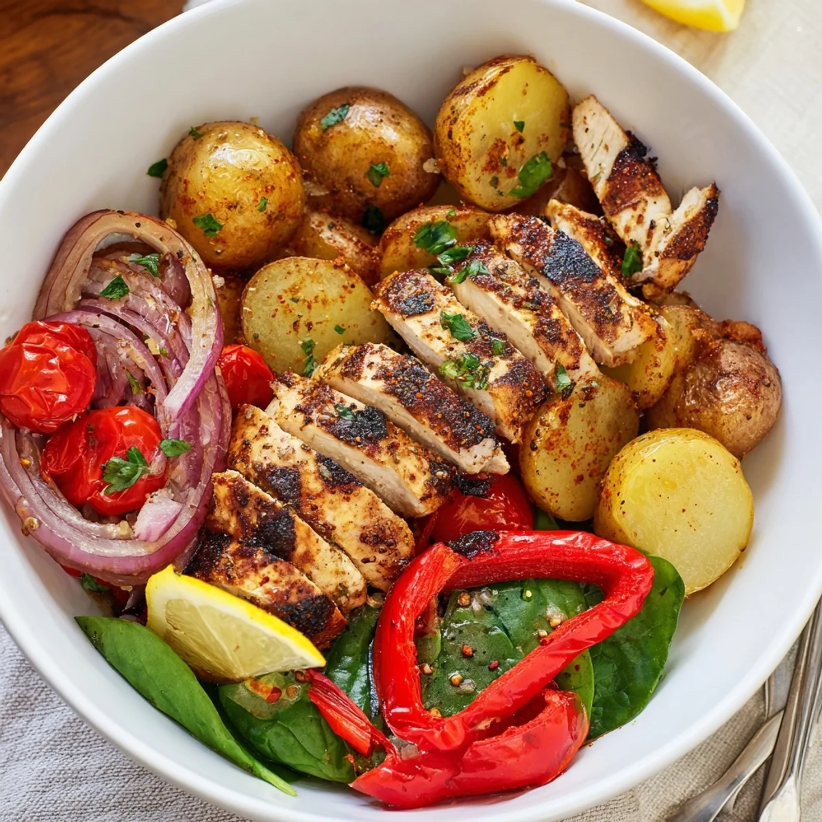 Skinny Chicken And Roasted Potato Bowl with golden potatoes, grilled chicken slices.