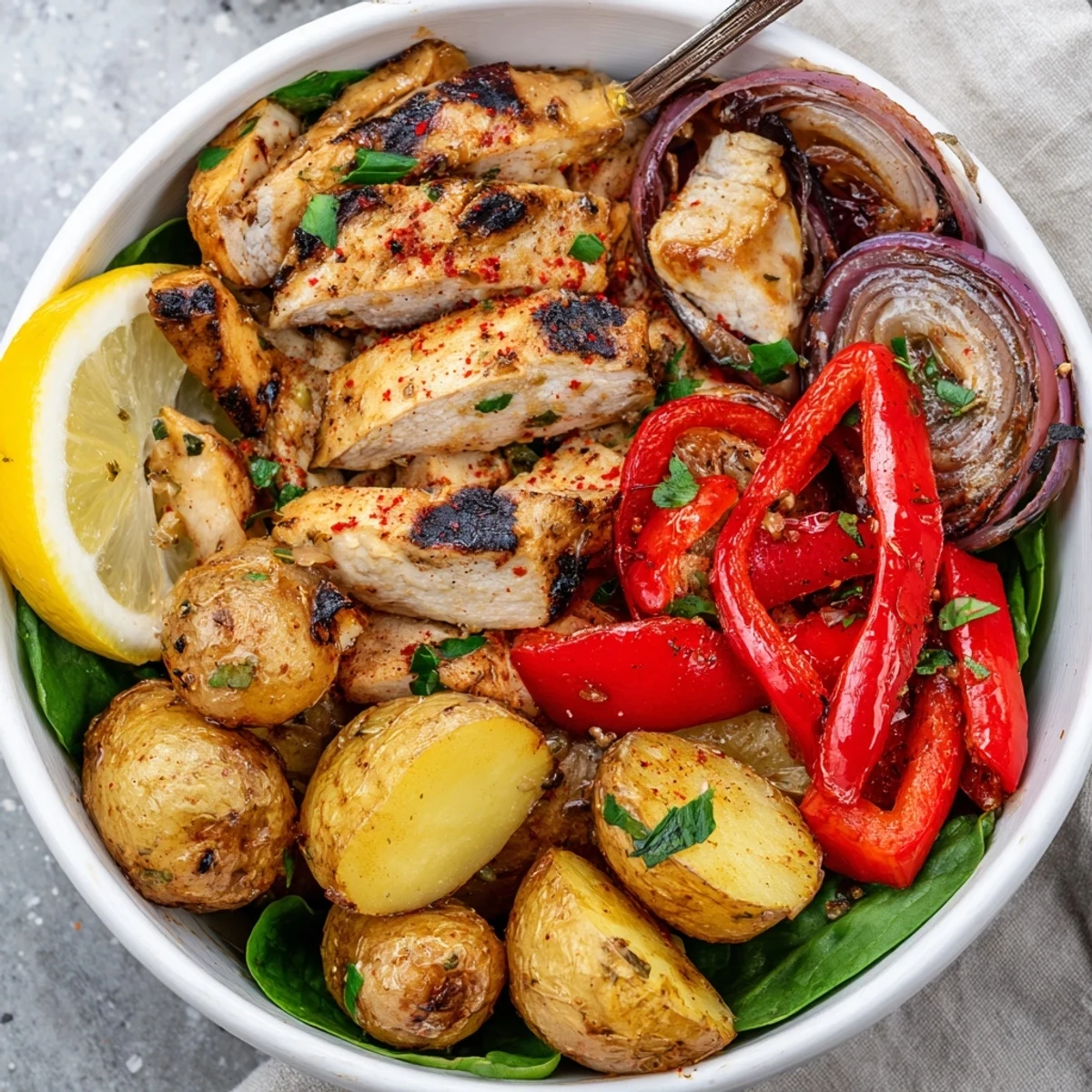 Warm Skinny Chicken And Roasted Potato Bowl fragrant with paprika, cherry tomatoes.