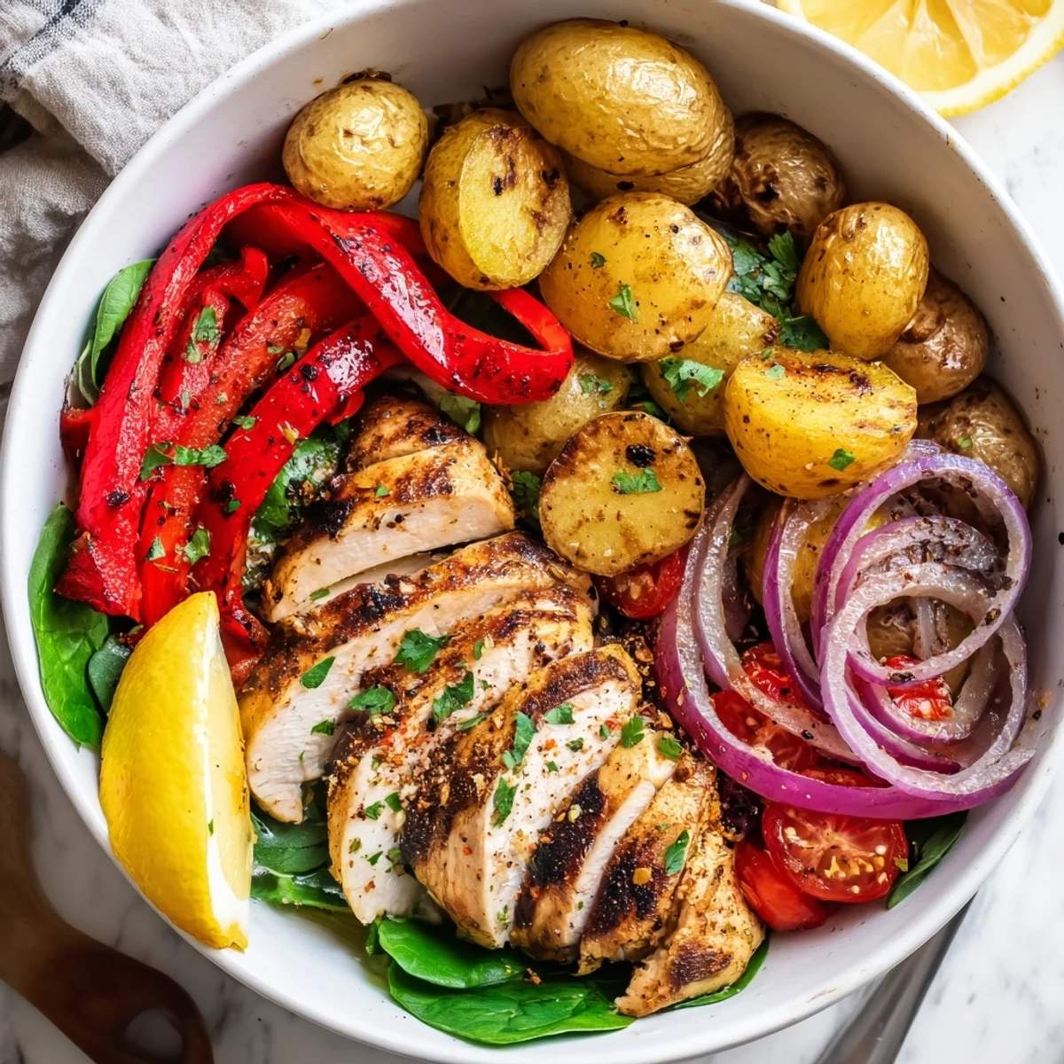 Bright Skinny Chicken And Roasted Potato Bowl served over spinach with lemon wedges.