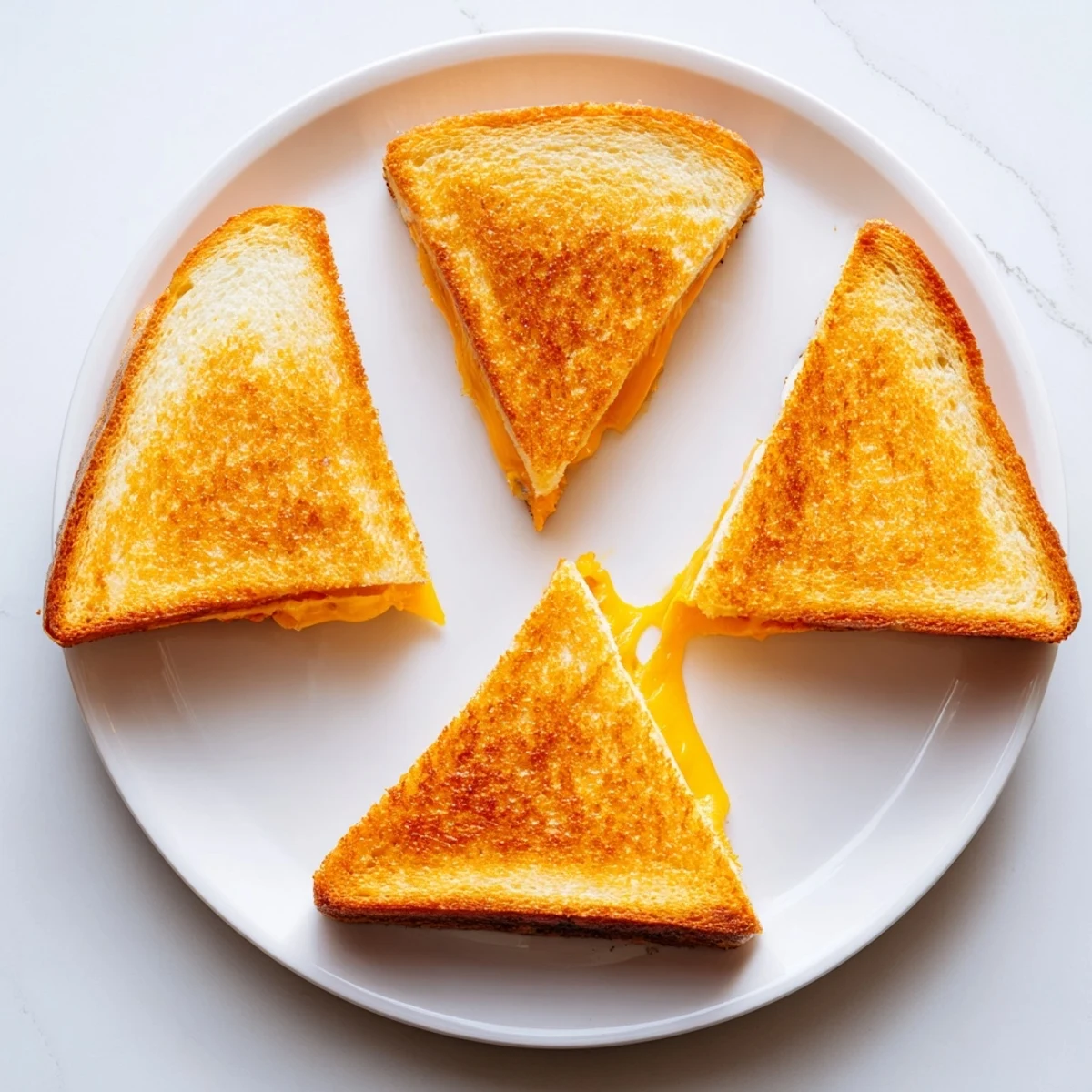 Classic American grilled cheese featuring crispy bread and gooey cheese, cut into triangles for serving