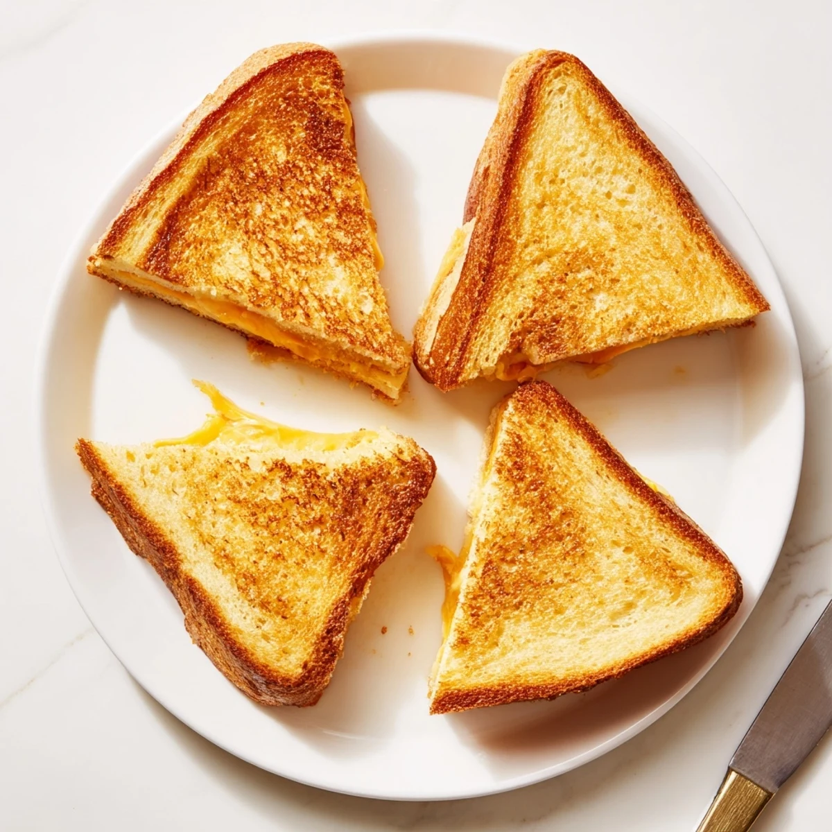 Homemade grilled cheese sandwich showing golden crust with warm melted cheese layers inside
