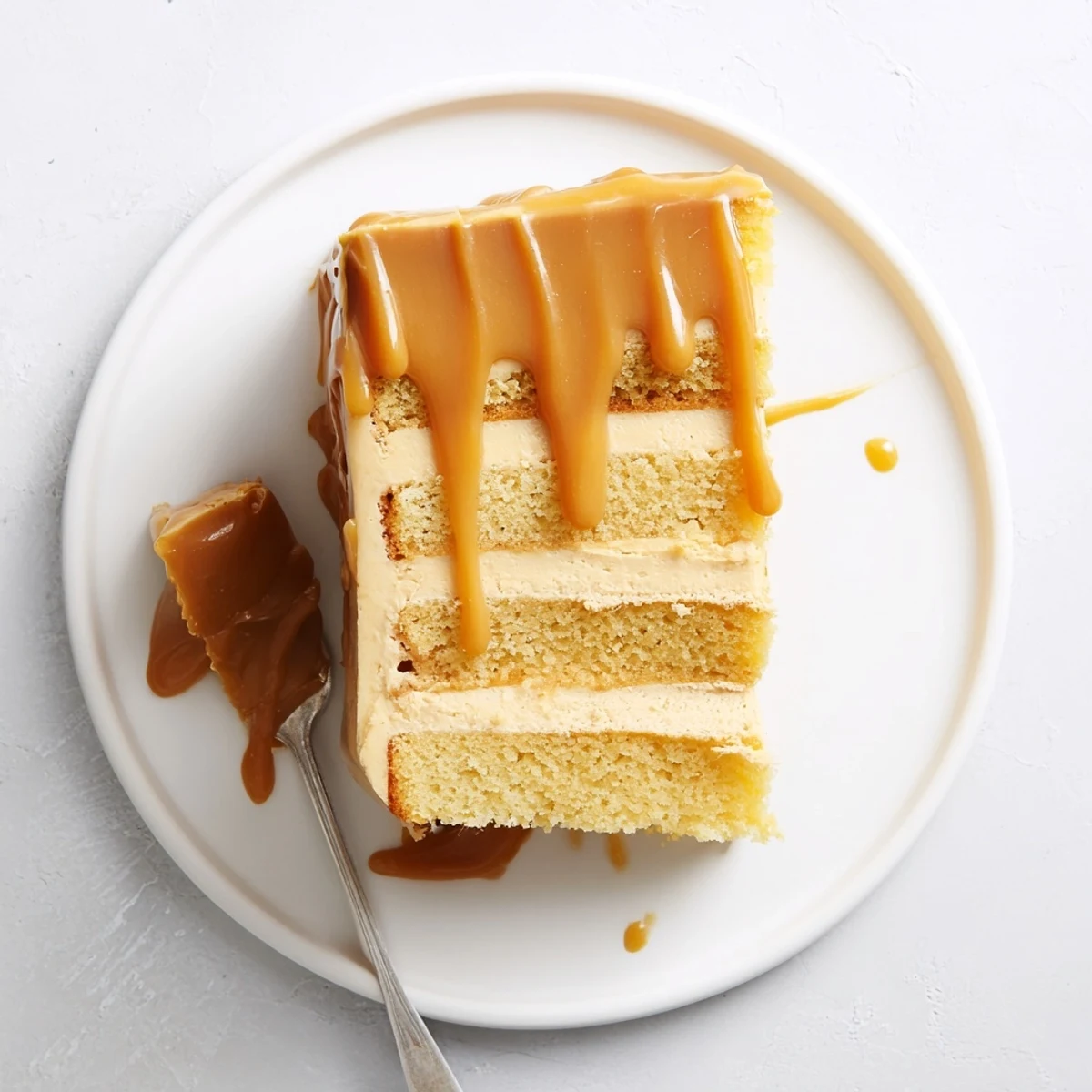 Three layers of moist buttery cake sandwiched between silky caramel frosting and glossy caramel sauce
